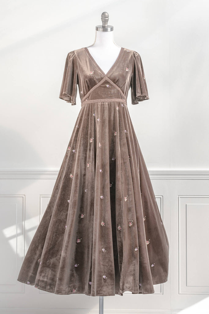 a french and cottage core inspired dress - mocca color velvet with cotton lacing detail and small embroidered flowers all throughout. front view - amantine.  