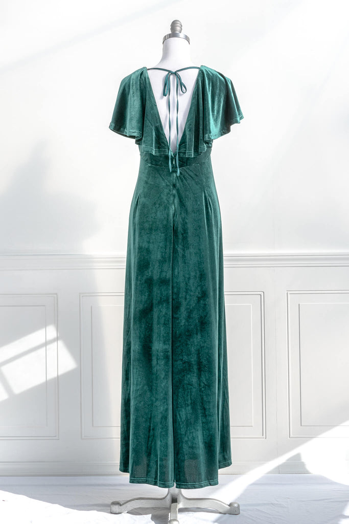 feminine holiday dresses - a long green velvet dress perfect for holiday parties - back view - amantine 