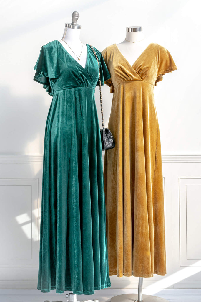 long yellow mustard velvet holiday dress - featuring a feminine cottage core silhouette, v neckline, short sleeves, and long skirt. next to green version view - amantine.