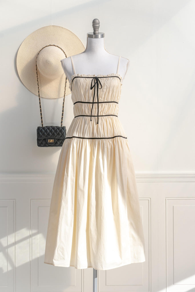 french style dress - an off white feminine and elegant french girl style dress in cotton with velvet trim. Amantine boutique clothing. 