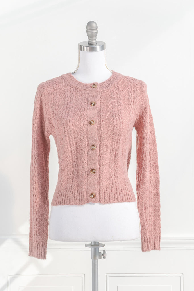 european style feminine tops - a lightweight button down cardigan in pink knit fabric - pretty and cottagecore style vintage sweater. front view - amantine. 
