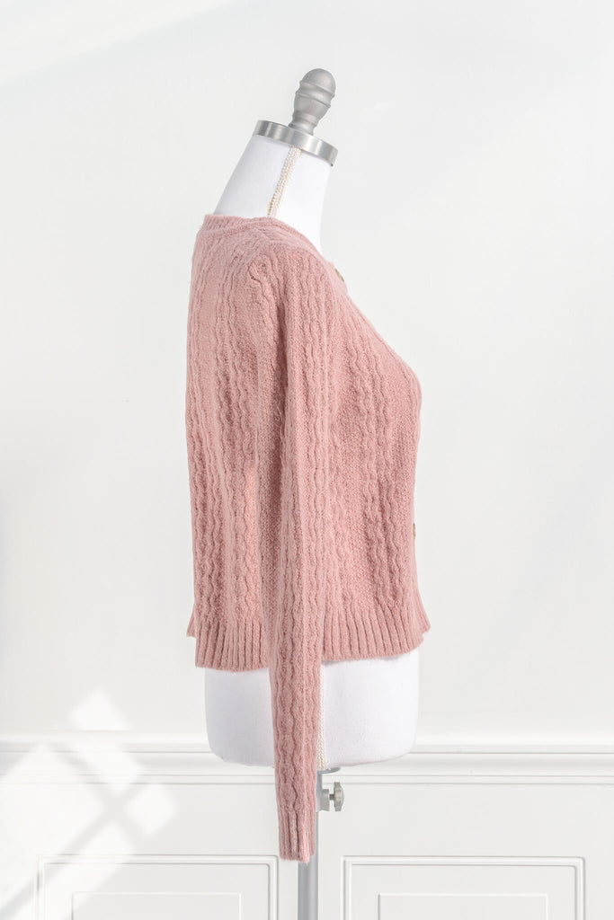 european style feminine tops - a lightweight button down cardigan in pink knit fabric - pretty and cottagecore style vintage sweater. side view - amantine. 
