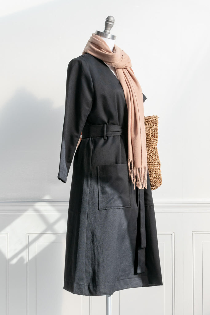 lightweight long jacket with large front pockets, and button up front. Parisian-chic day-to-night look. styled with large camel scarf view. amantine.