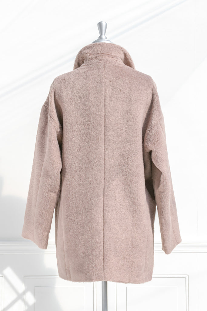 french style winter coat - feminine french girl style double breast camel coat. BACK view. 