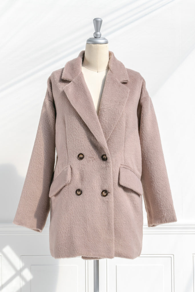 french style winter coat - feminine french girl style double breast camel coat. front view. 