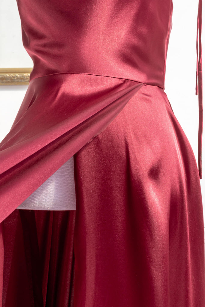 burgundy prom dress - the aphrodite princess dress is a dream for your prom and formal event. slit overlap view. amantine.