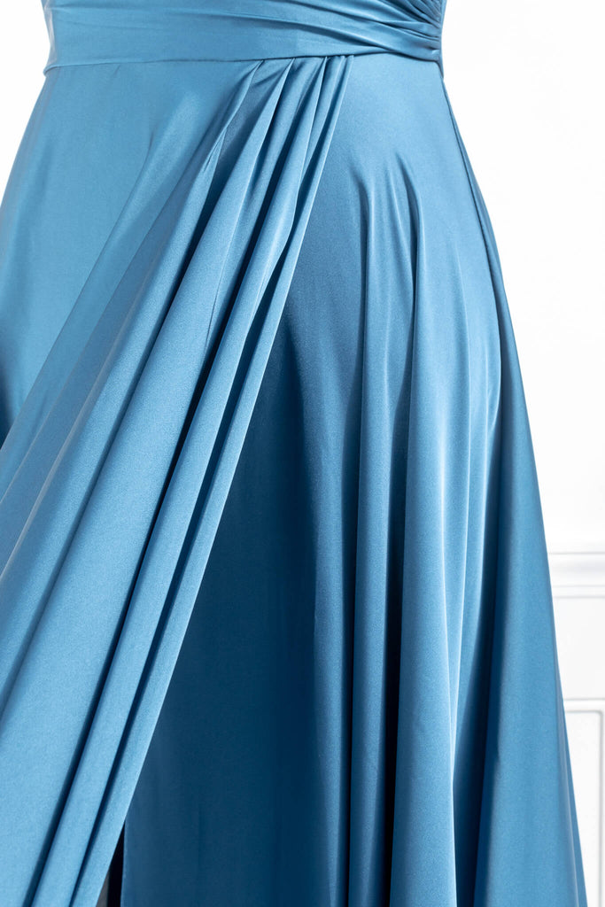 boutique dress - a royal blue prom and event gown - feminine and french style fashion. side slit view. amantine. 