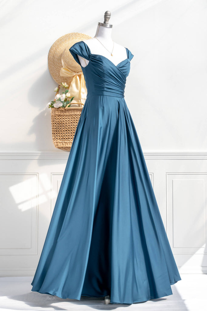 boutique dress - a royal blue prom and event gown - feminine and french style fashion. front view. amantine. 