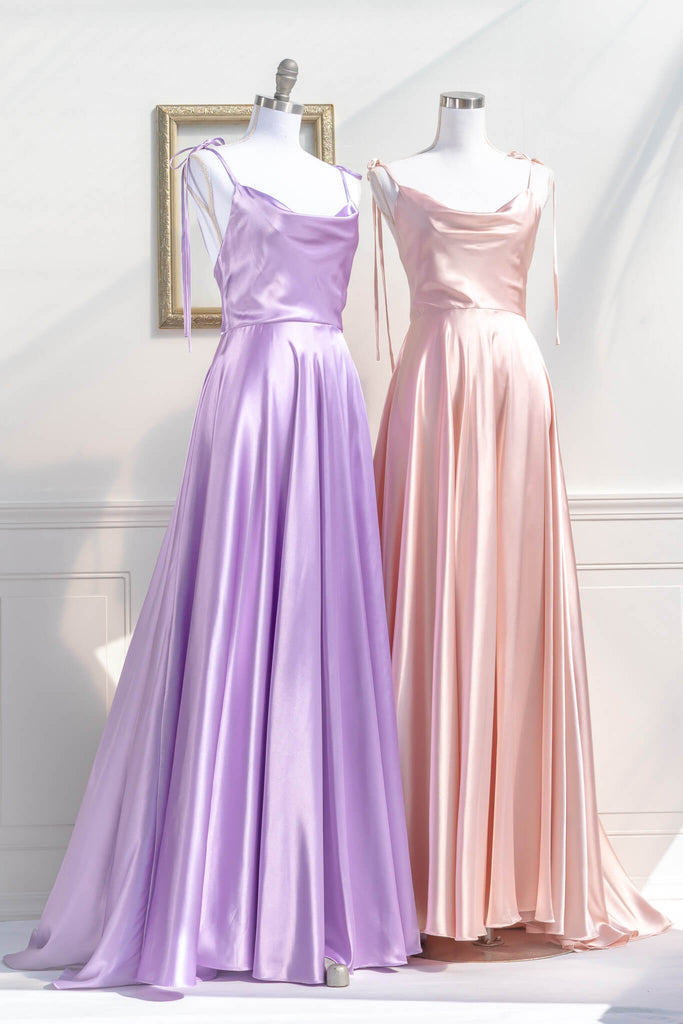 boutique dresses - a french style prom and formal gown in lavender color. princess style. two feminine boutique dresses view. amantine.