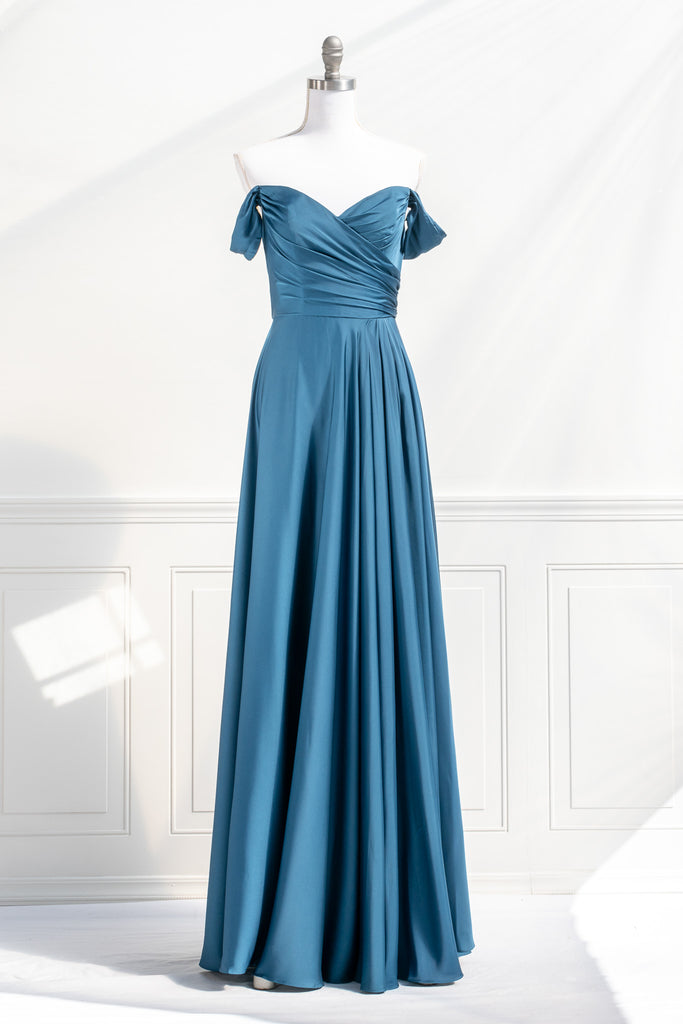 boutique dress - a royal blue prom and event gown - feminine and french style fashion. off shoulder view. amantine. 