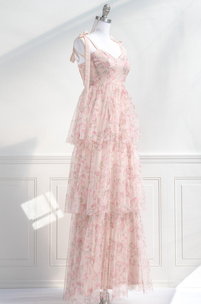 pink dress - a lovely pink floral dress with shoulder bows, and a tiered skirt. quarter view. amantine.