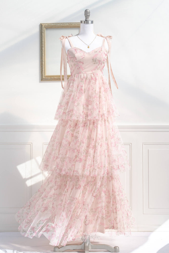 pink dress - a lovely pink floral dress with shoulder bows, and a tiered skirt. styled view. amantine.