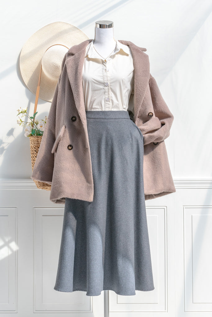 neutral coat outfit in french girl style. feminine clothing. 