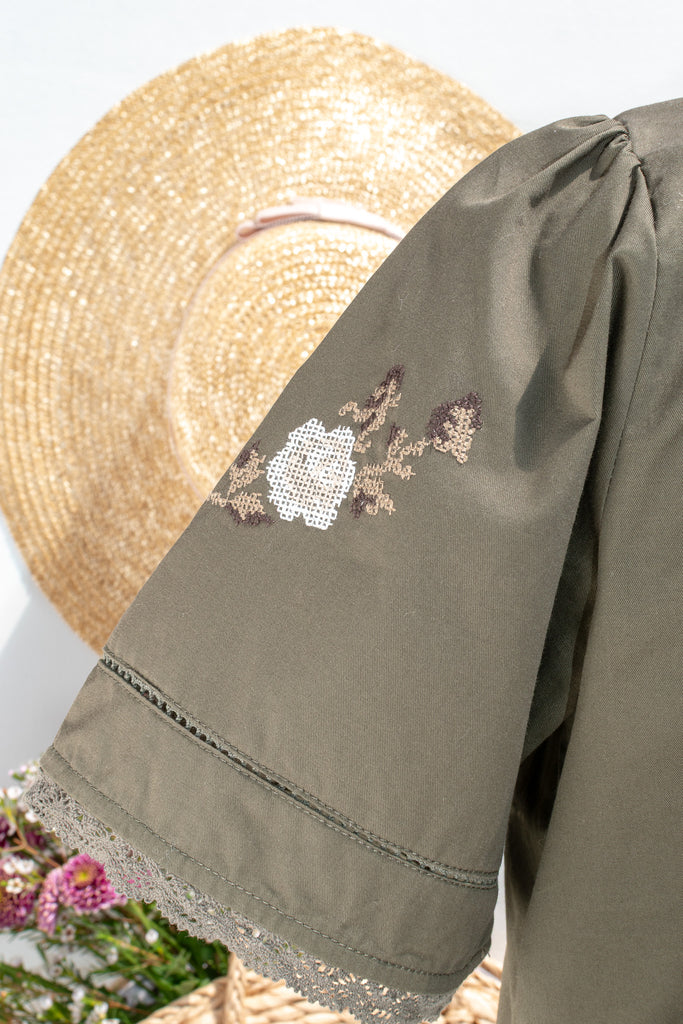 up close view of lace and embroidery. french style top. 