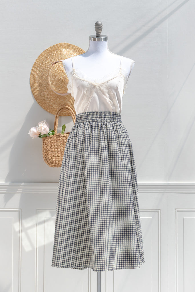 midi checkered skirt and lace cami outfit for daytime or office outfit