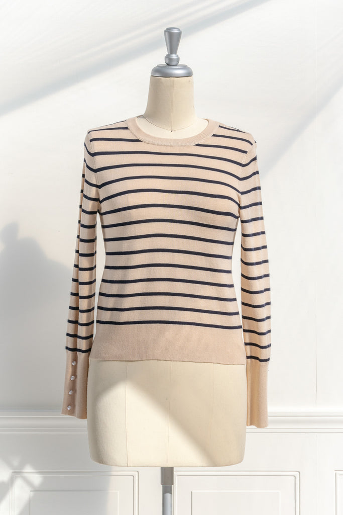 french striped long sleeve top. french girl style basic. front view. 