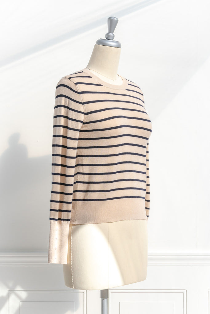 french striped long sleeve top. french girl style basic. 3/4 view. 