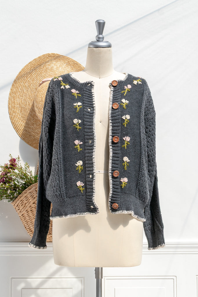 Amantine Matilda floral embroidered cardigan in charcoal with white stitched edges — front view open buttons