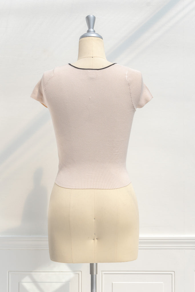 french tops - a cute knit blouse with square neckline, bow detail, and short sleeves. cropped top. back view. amantine. 