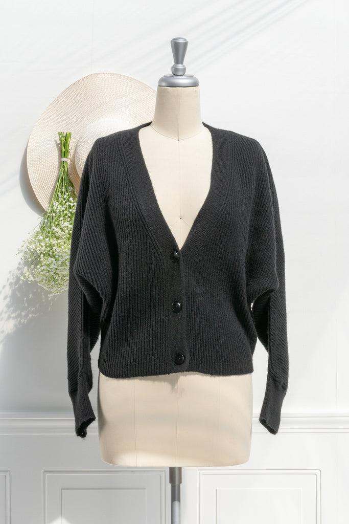 french tops - a cute elegant button down cardigan. front view. 