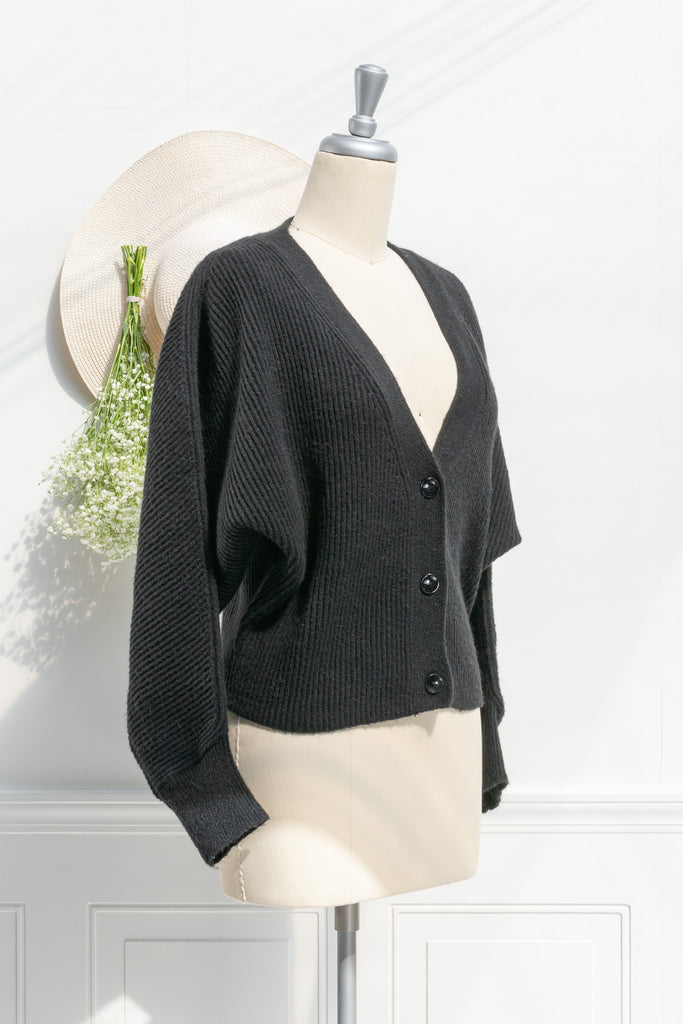 french tops - a cute elegant button down cardigan. side view. amantine. 