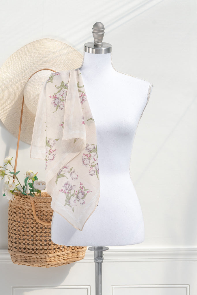 small gift for francophile - a french girl style neck kerchief or small scarf. floral on beige. 