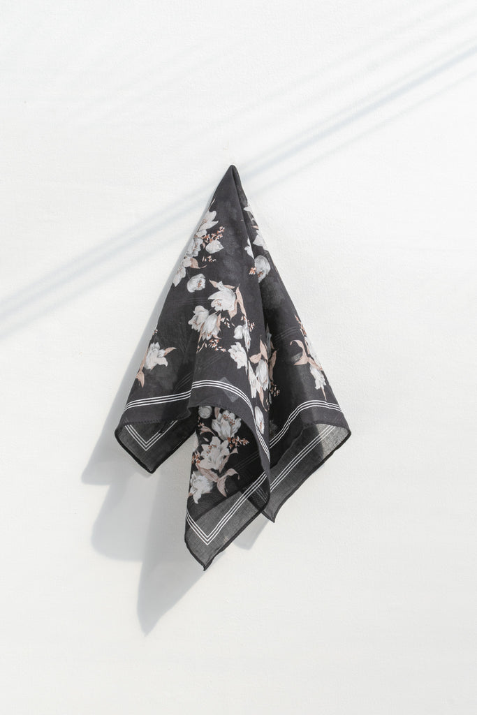 small gift for francophile - a french girl style neck kerchief or small scarf. floral on black. 