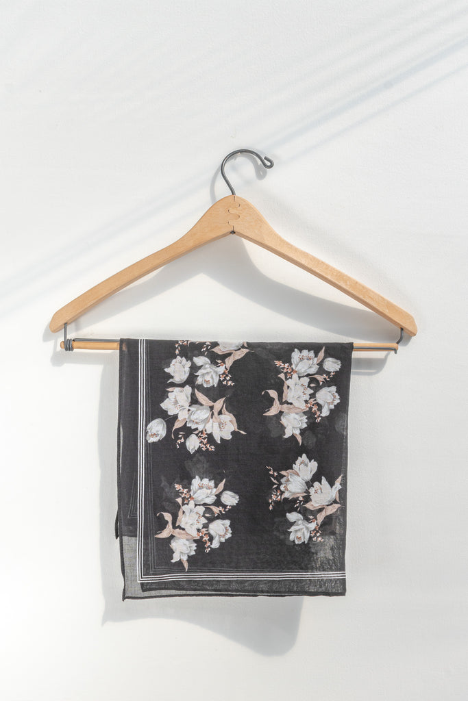 small gift for francophile - a french girl style neck kerchief or small scarf. floral on black. 