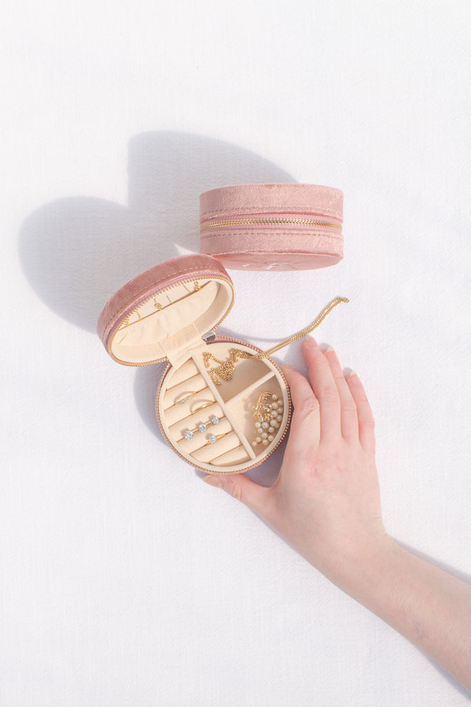 small jewelry box for rings and necklaces. pink velvet. perfect gift idea for someone who loves france. 