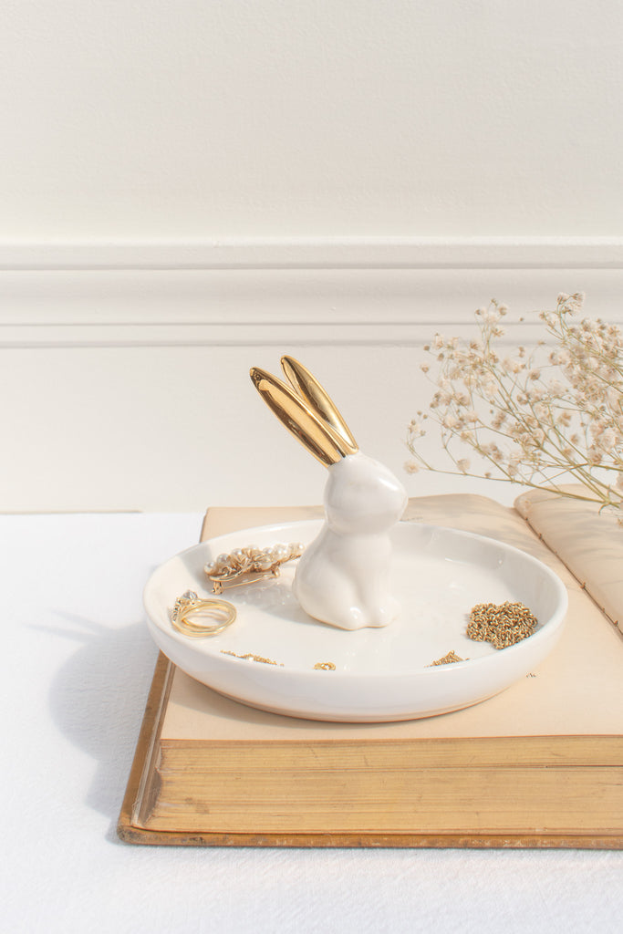 a cute ceramic jewelry dish with a white rabbit. perfect gift for the francophile in your life. 