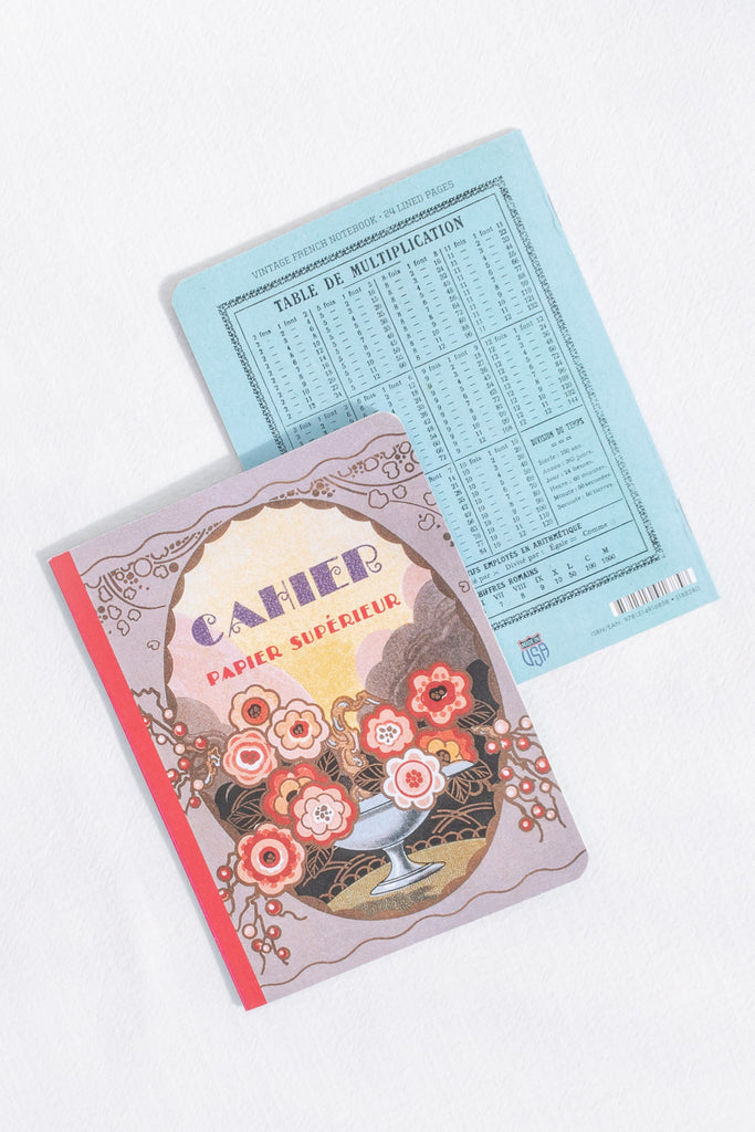 a french vintage style notebook. showing vintage french floral and typography. gifts for francophiles. 