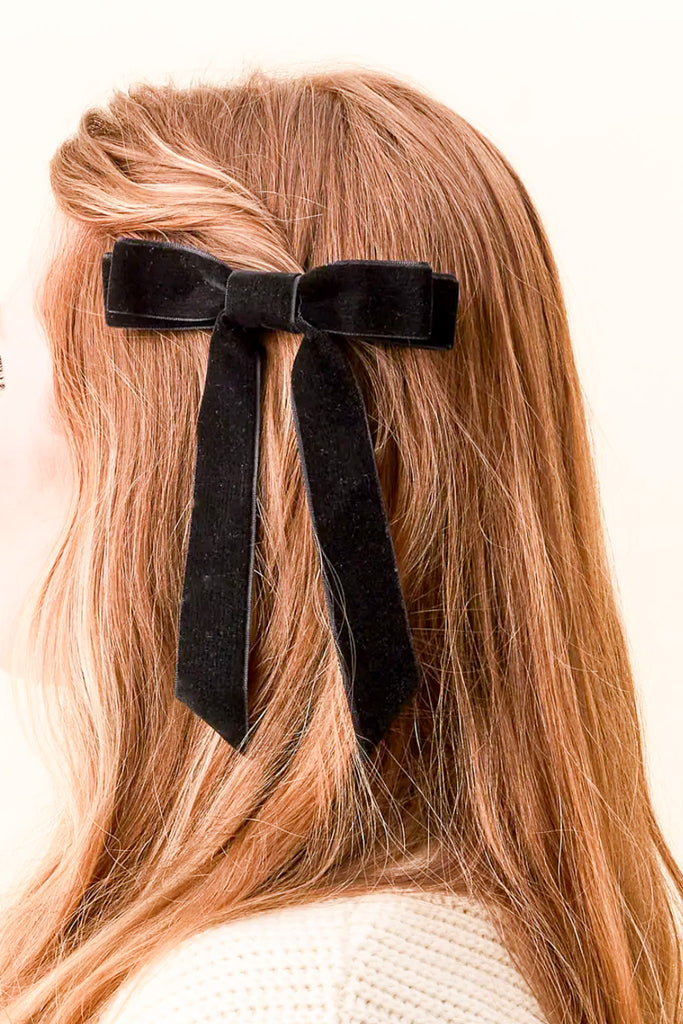 black slim velvet bow clip for hair. 