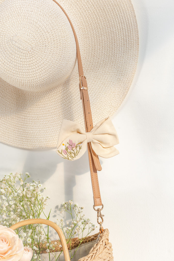 french girl style cream embroidered bow floral cottagecore accessory.