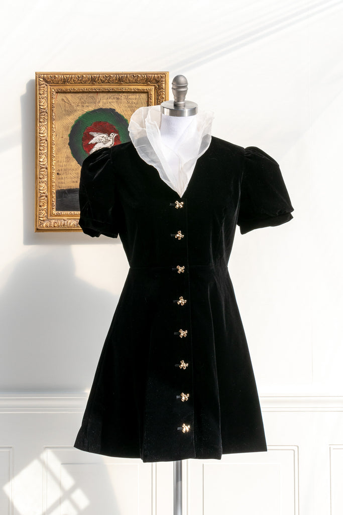 black velvet mini dress for the holidays. Unique velvet dress with cute gold buttons, and unique white ruffle neck. Cute dress for holidays. Front view. 