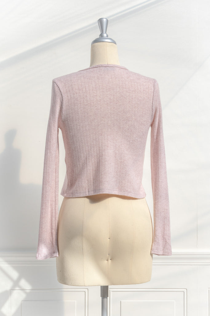 pink clothes - a feminine long sleeve light weight knit top. pink aesthetic. french boutique. back view. 