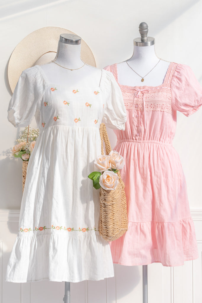 two cute cottagecore dresses in pink and white. perfect for spring and summer. for the romantic french girl at heart. 