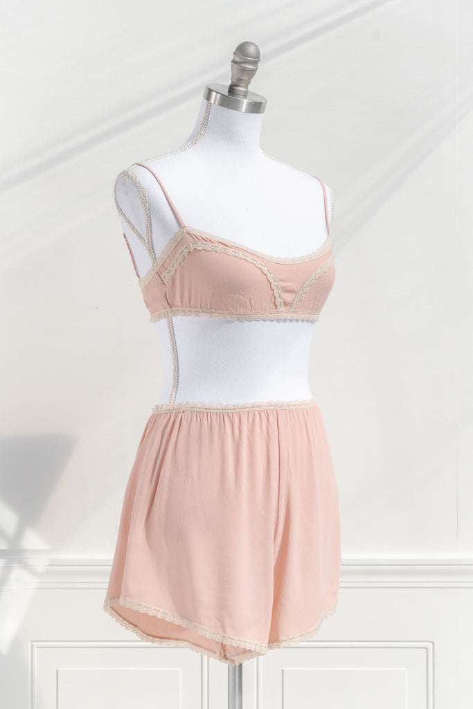 pink vintage french lingerie set of braw and shorts. delightful pink aesthetic and pink clothes. 