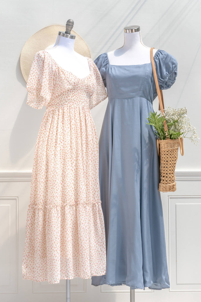 two cottagecore dress outfits  - feminine french girl style. 