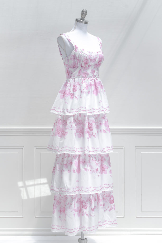 pink outfits - a pink floral dress for fall. tiered floral dress. side view. 