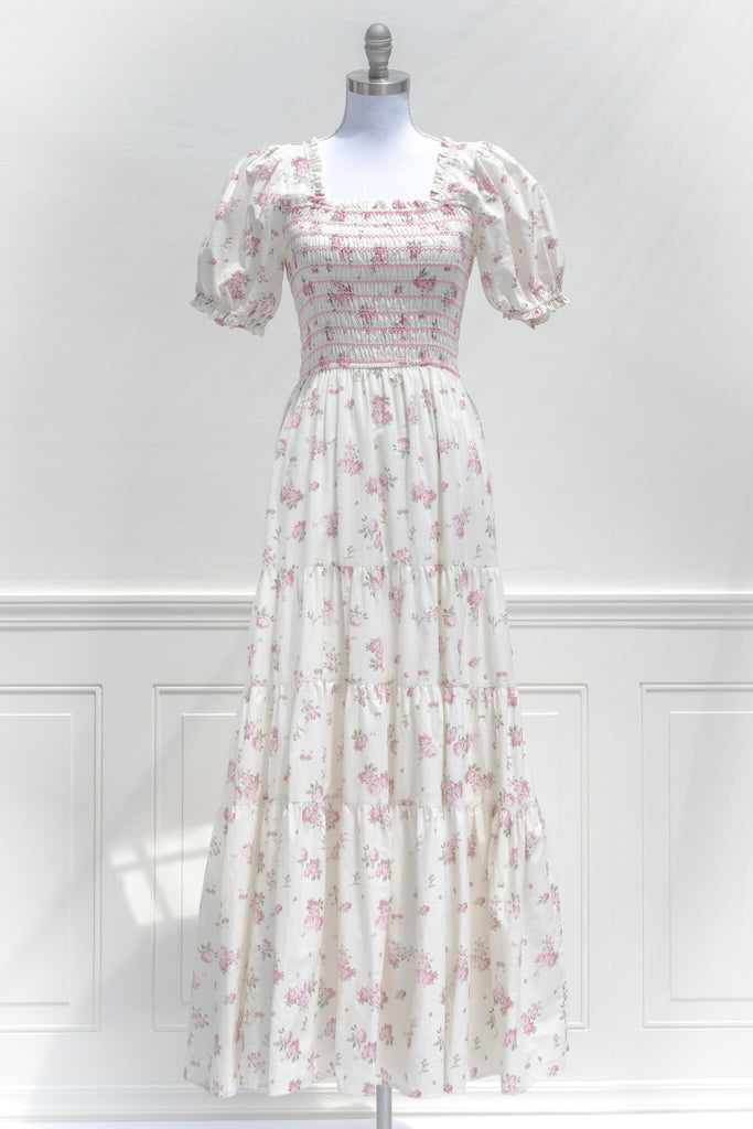 pink floral maxi dress for summer - smocked bodice, square neckline, puff sleeves, long cottagecore dress. 2nd front view. 