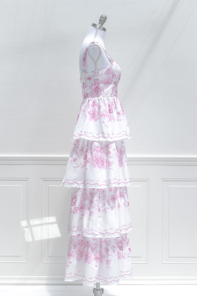 pink outfits - a pink floral dress for fall. tiered floral dress. side view. 