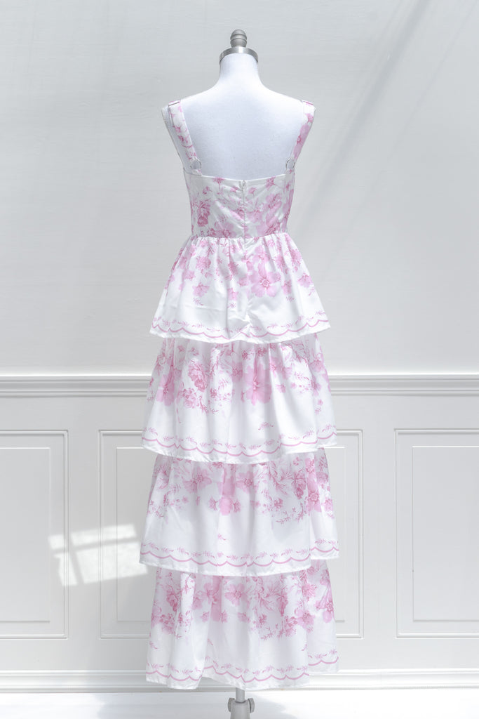 pink outfits - a pink floral dress for fall. tiered floral dress. back view. 