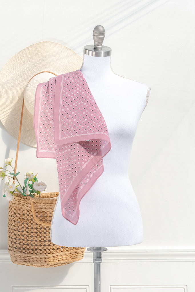 pink bandana scarf. feminine french style. cotton small scarf. 