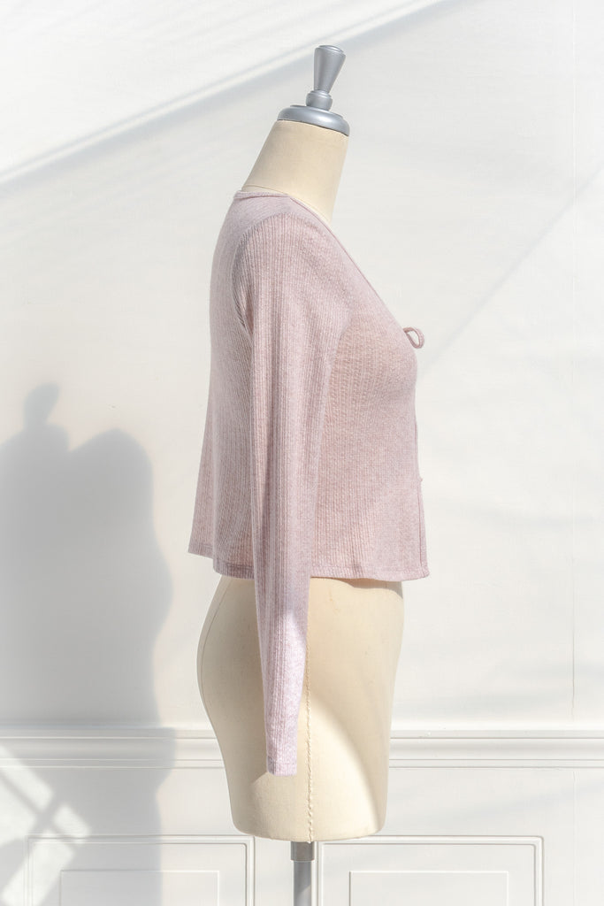 pink clothes - a feminine long sleeve light weight knit top. pink aesthetic. french boutique. side view. 