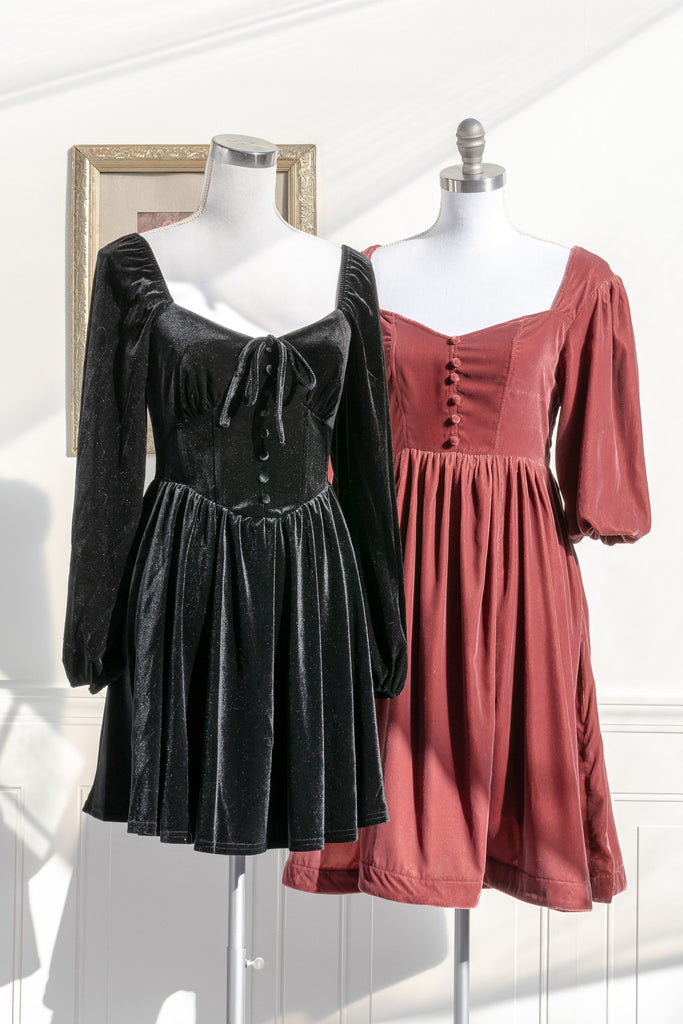 velvet dress in rose color romantic and feminine french style dress. 