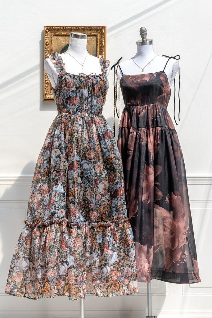 french girl style dark floral organza party dresses