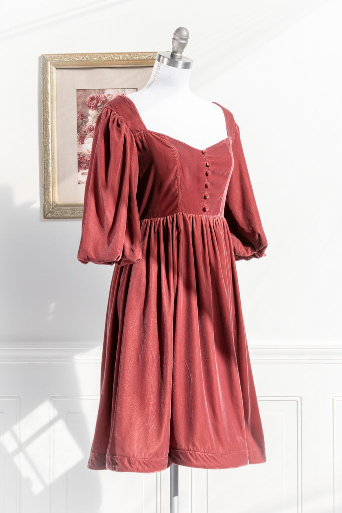 velvet dress in rose color romantic and feminine french style dress. 