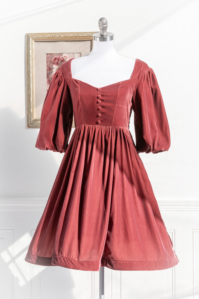 velvet dress in rose color romantic and feminine french style dress. 