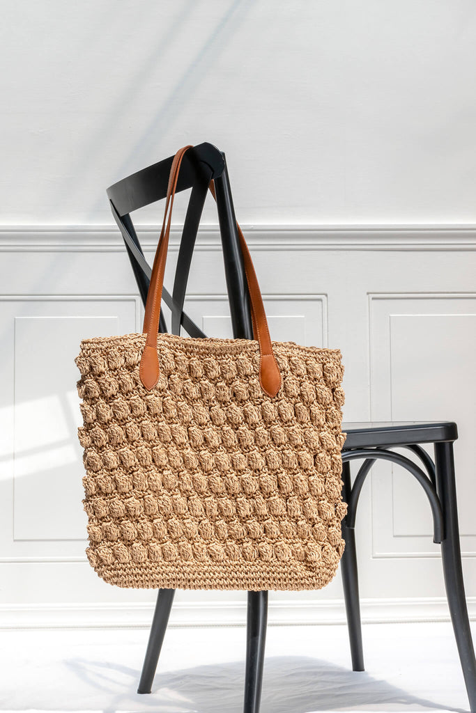 french market tote bag - brown feminine and cottagecore style french woven tote. 
