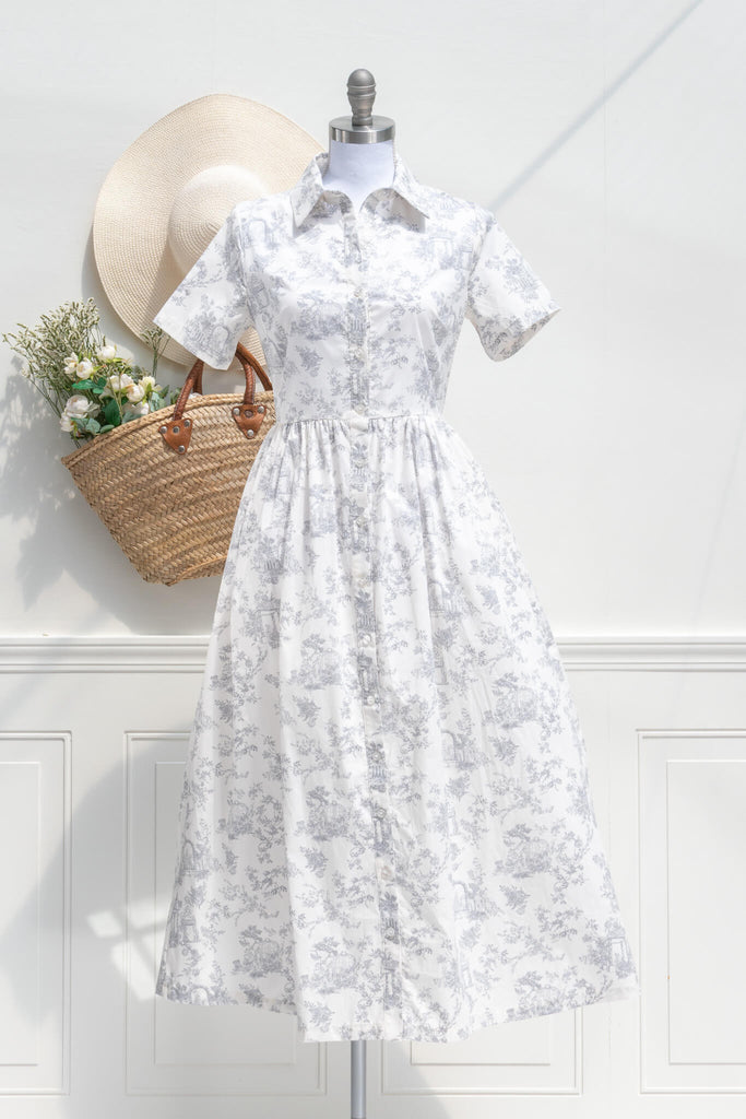 cottagecore dresses - toile french girl style shirtdress in light grey against white. front view. amantine. 